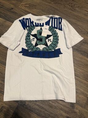 Staple White Short Sleeve Tee with Blue & Teal Crest Graphic